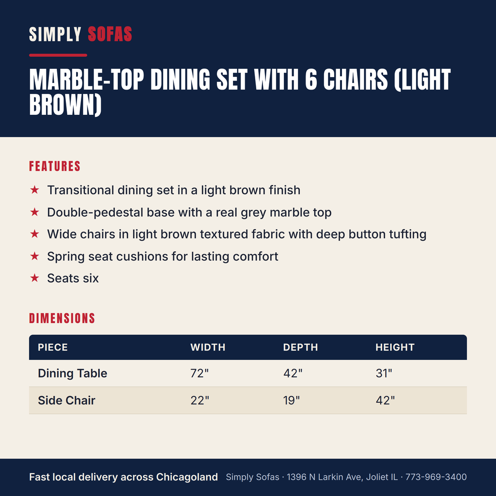 Marble-Top Dining Set with 6 Chairs (Light Brown)