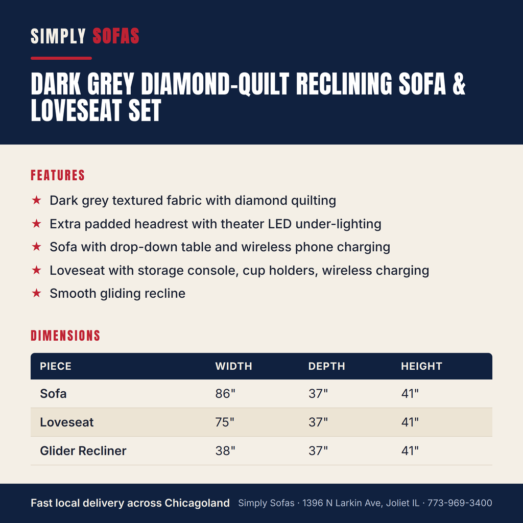Dark Grey Diamond-Quilt Reclining Sofa & Loveseat Set