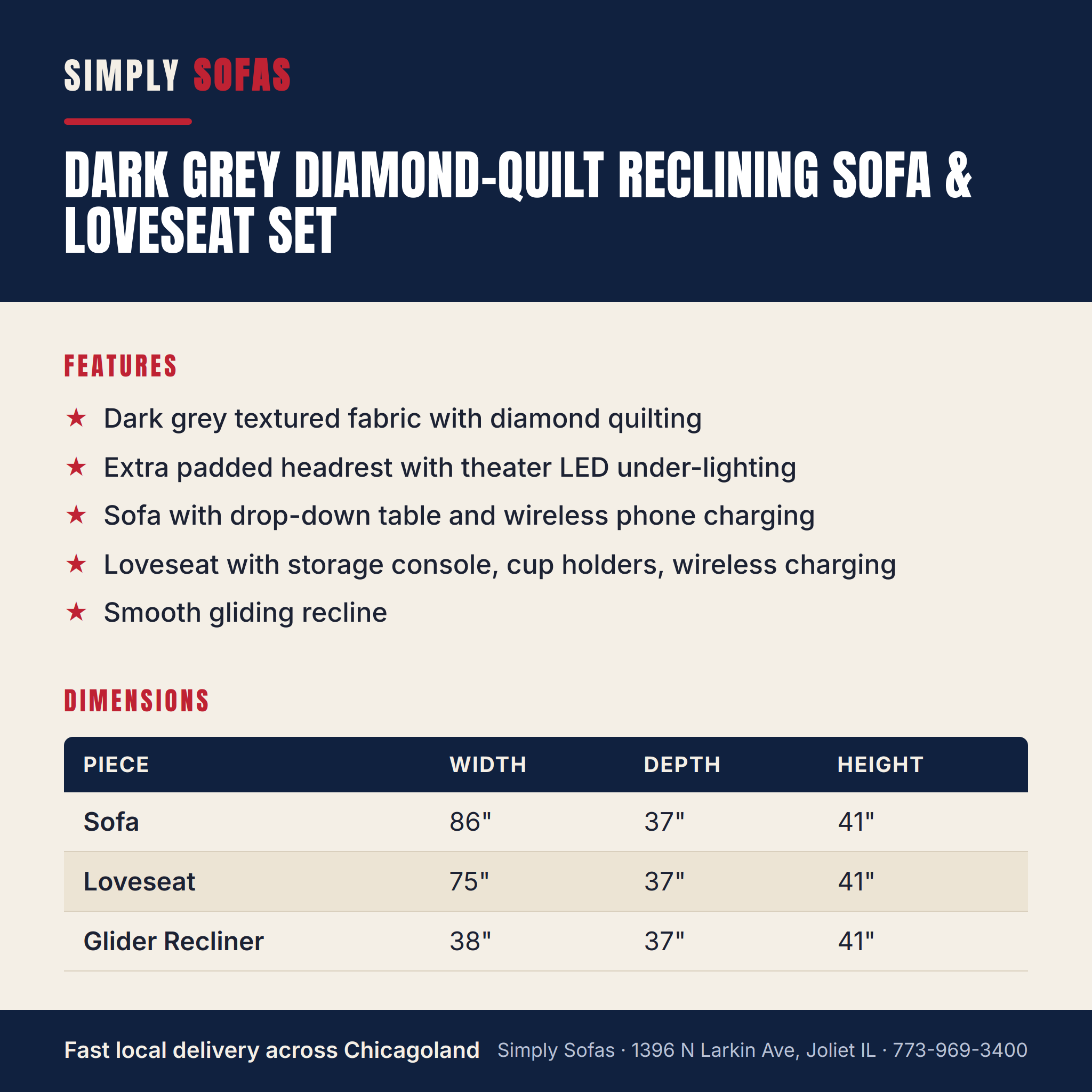 Dark Grey Diamond-Quilt Reclining Sofa & Loveseat Set