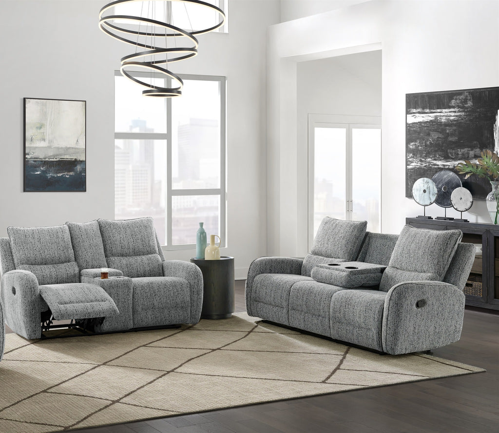 Grey Reclining Sofa & Loveseat Set with Storage Console
