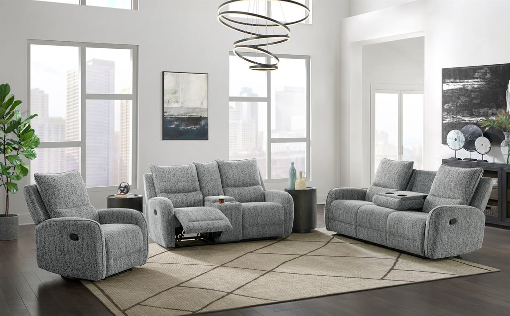 Grey Reclining Sofa & Loveseat Set with Storage Console