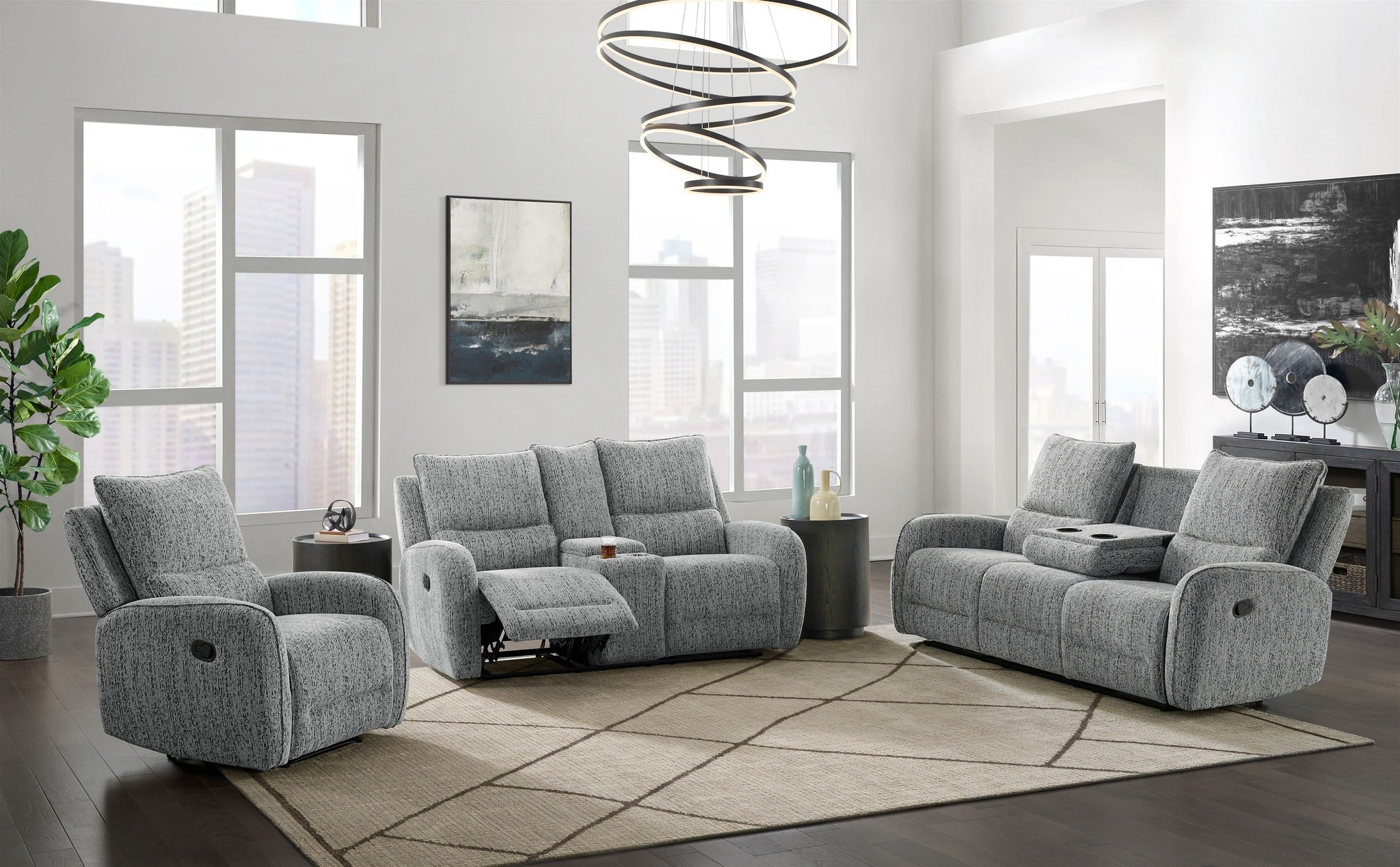 Grey Reclining Sofa & Loveseat Set with Storage Console