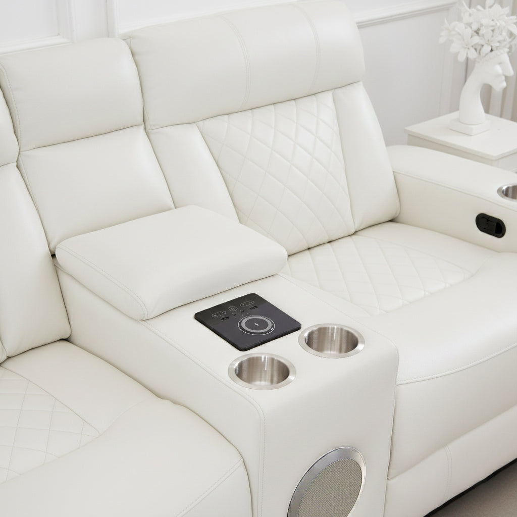 White Power Reclining Sofa & Loveseat Set with LED Theater Lighting