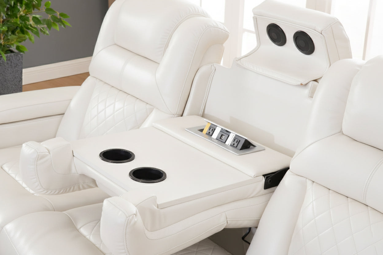 White Power Reclining Sofa & Loveseat Set with LED Theater Lighting