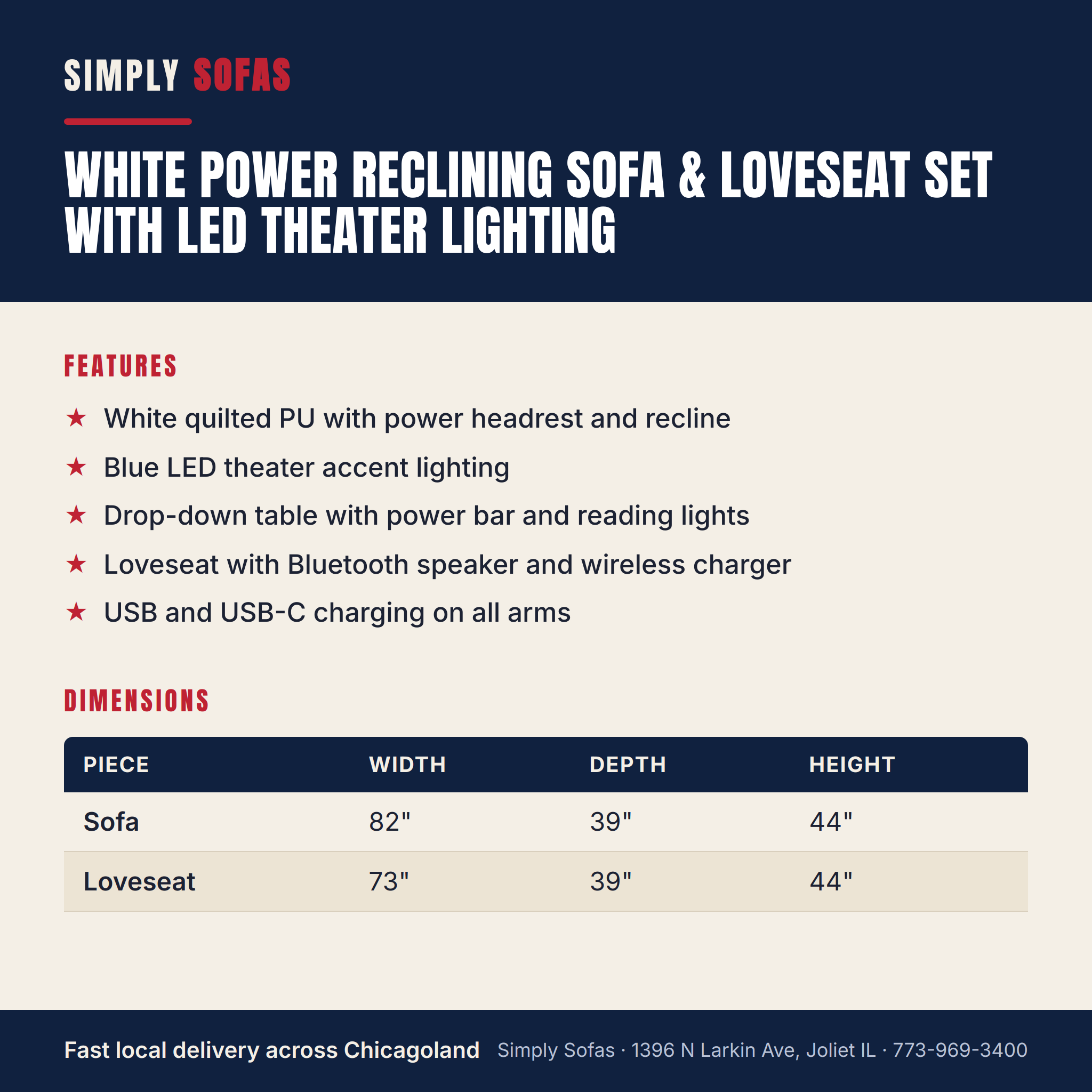 White Power Reclining Sofa & Loveseat Set with LED Theater Lighting