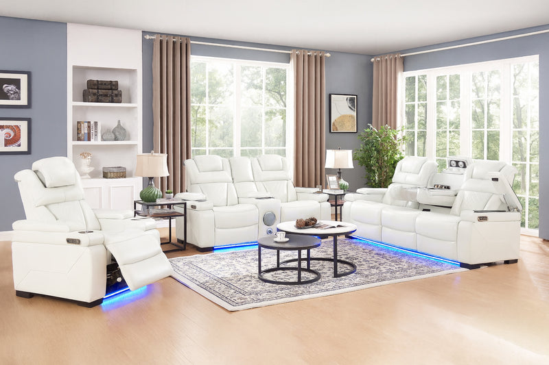 White Power Reclining Sofa & Loveseat Set with LED Theater Lighting