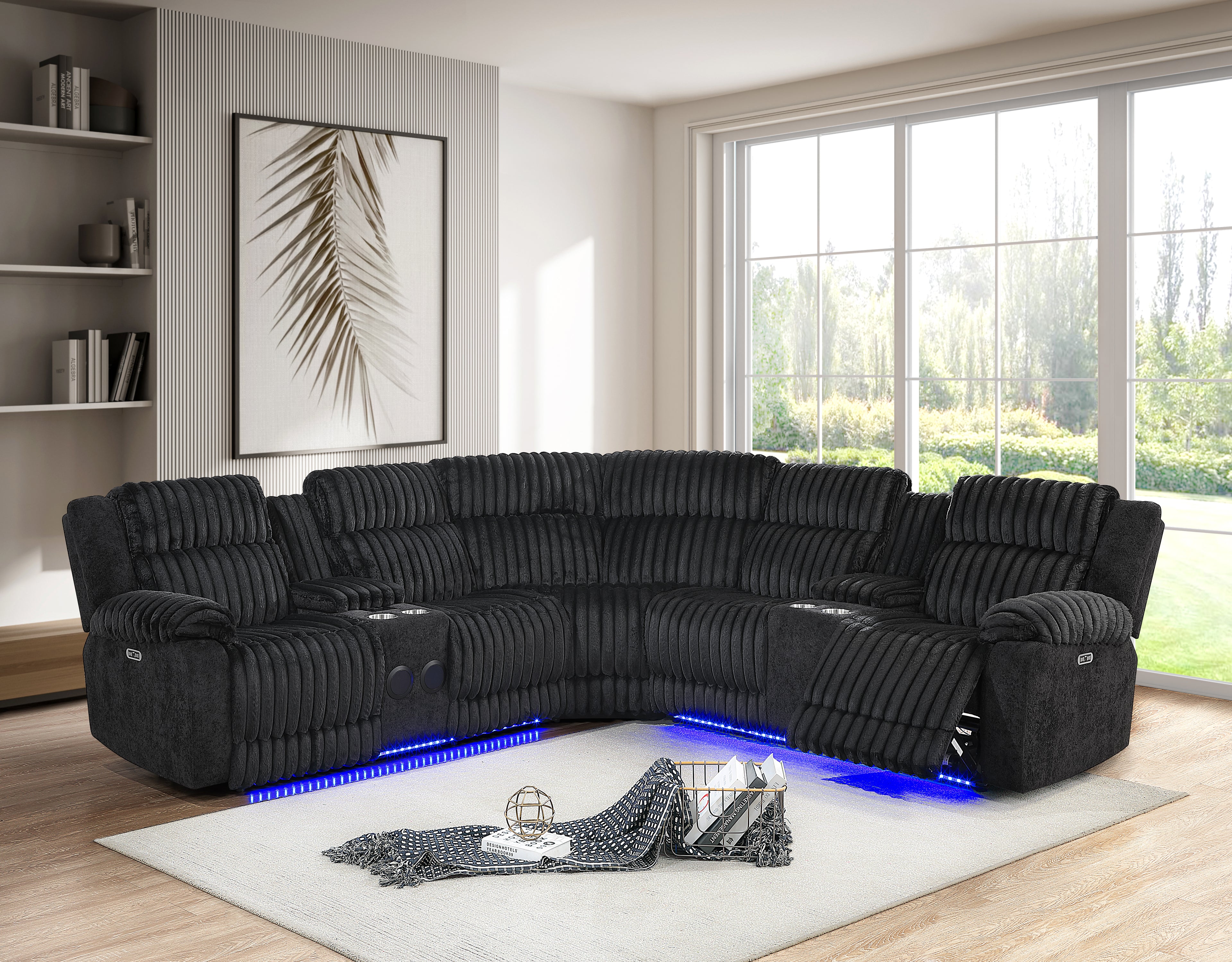 Black Corduroy Power Reclining Sectional with LED & Bluetooth